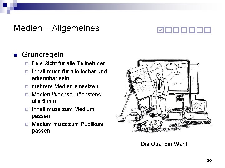 Medien – Allgemeines n Grundregeln freie Sicht für alle Teilnehmer Inhalt muss für alle