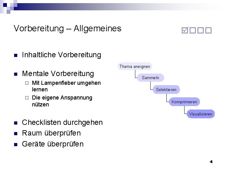 Vorbereitung – Allgemeines n Inhaltliche Vorbereitung Thema aneignen n Mentale Vorbereitung Mit Lampenfieber umgehen