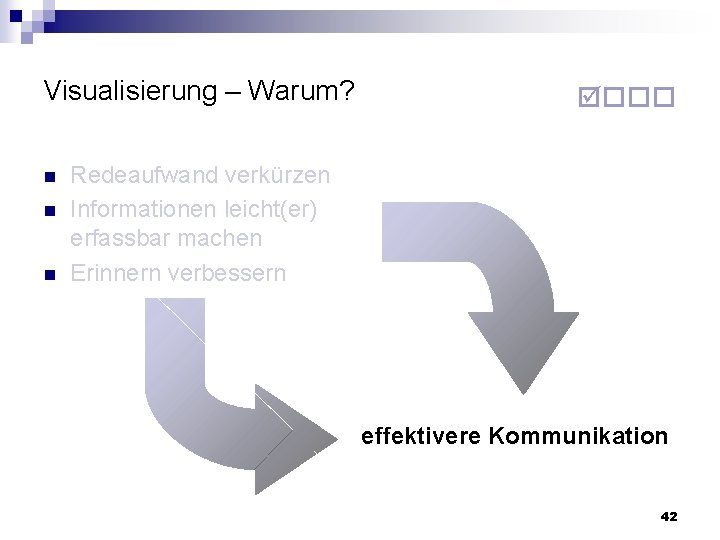 Visualisierung – Warum? n n n Redeaufwand verkürzen Informationen leicht(er) erfassbar machen Erinnern verbessern