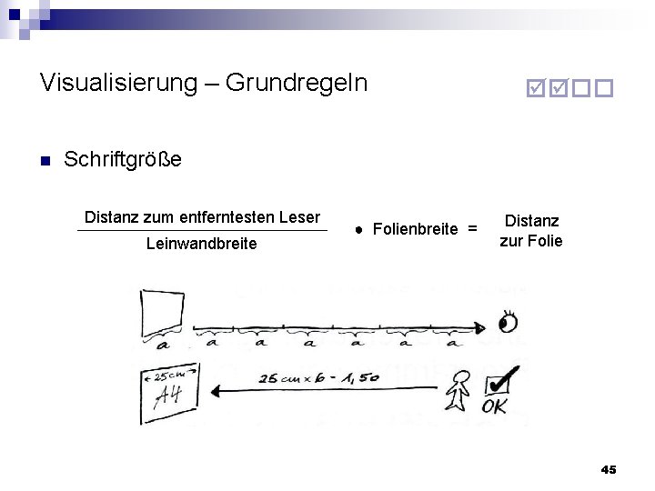 Visualisierung – Grundregeln n Schriftgröße Distanz zum entferntesten Leser Leinwandbreite ● Folienbreite = Distanz