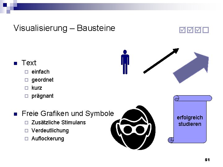 Visualisierung – Bausteine n Text einfach geordnet kurz prägnant n Freie Grafiken und Symbole