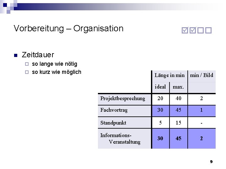 Vorbereitung – Organisation n Zeitdauer so lange wie nötig so kurz wie möglich Länge