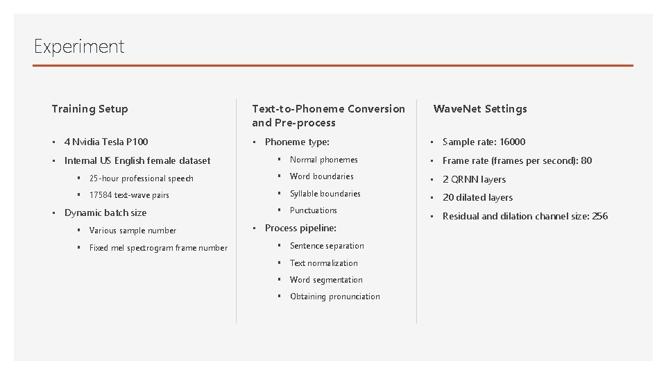 Experiment Training Setup Text-to-Phoneme Conversion and Pre-process • 4 Nvidia Tesla P 100 •