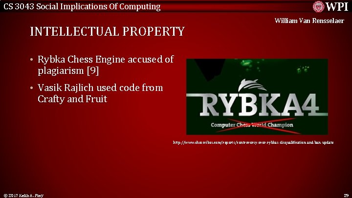 CS 3043 Social Implications Of Computing INTELLECTUAL PROPERTY William Van Rensselaer • Rybka Chess