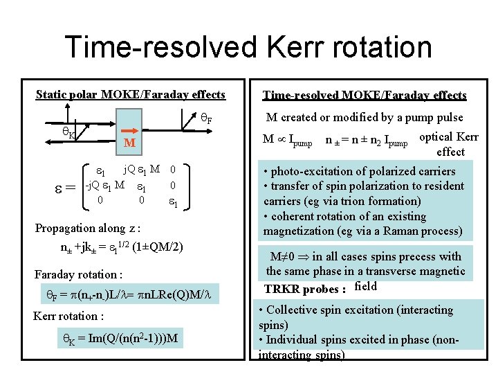 Time-resolved Kerr rotation Static polar MOKE/Faraday effects q. F q. K e= M e