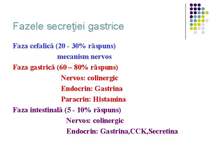 Fazele secreţiei gastrice Faza cefalică (20 - 30% răspuns) mecanism nervos Faza gastrică (60