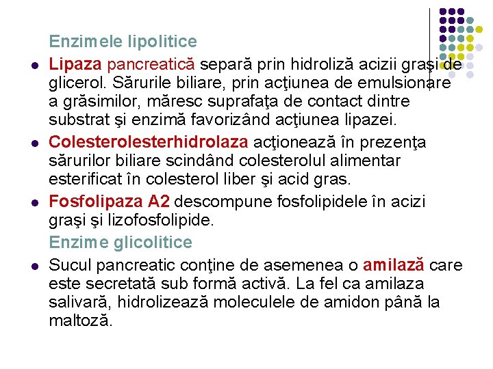 l l Enzimele lipolitice Lipaza pancreatică separă prin hidroliză acizii graşi de glicerol. Sărurile