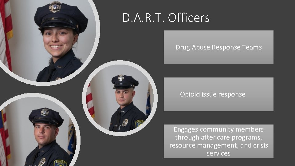 D. A. R. T. Officers Drug Abuse Response Teams Opioid issue response Engages community