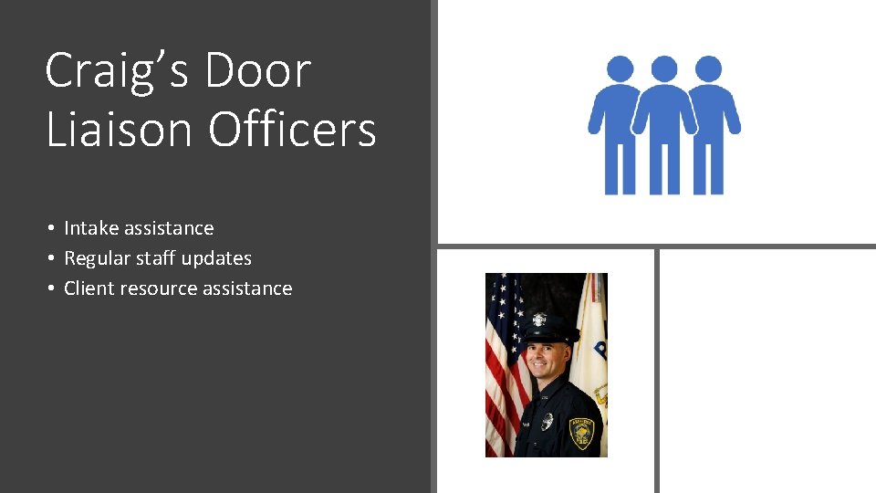 Craig’s Door Liaison Officers • Intake assistance • Regular staff updates • Client resource