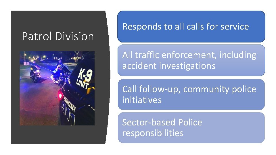 Patrol Division Responds to all calls for service All traffic enforcement, including accident investigations