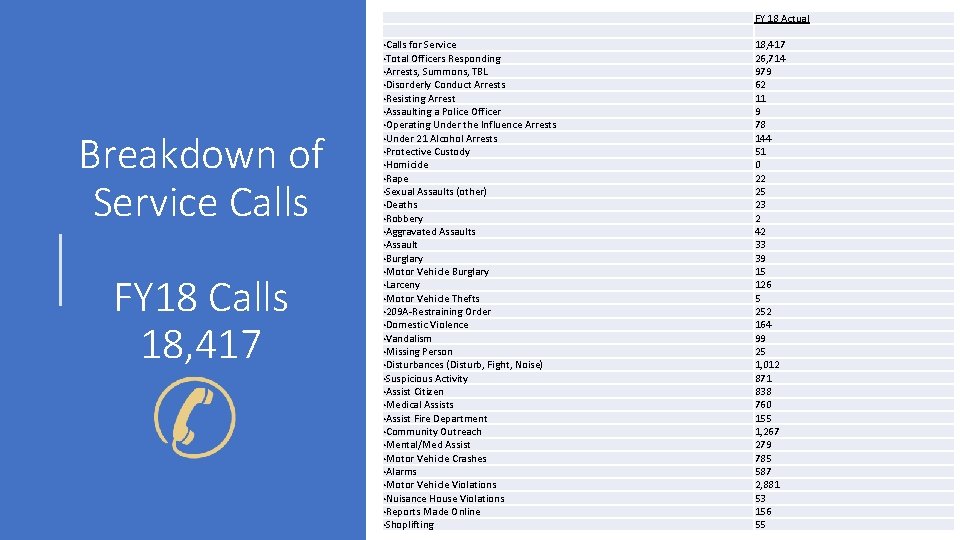  Breakdown of Service Calls FY 18 Calls 18, 417 • Calls for Service