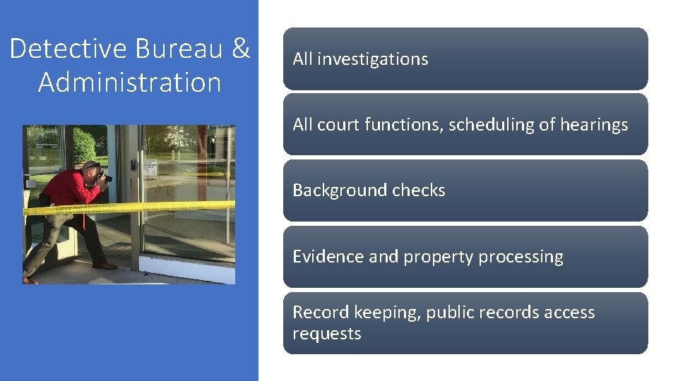 Detective Bureau & Administration All investigations All court functions, scheduling of hearings Background checks