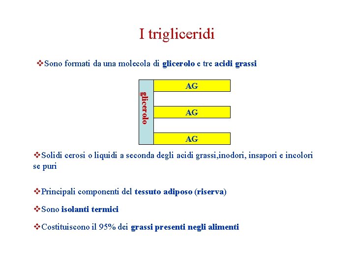 I trigliceridi v. Sono formati da una molecola di glicerolo e tre acidi grassi I trigliceridi v. Sono formati da una molecola di glicerolo e tre acidi grassi
