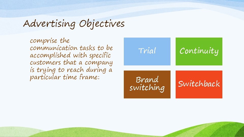 Advertising Objectives comprise the communication tasks to be accomplished with specific customers that a