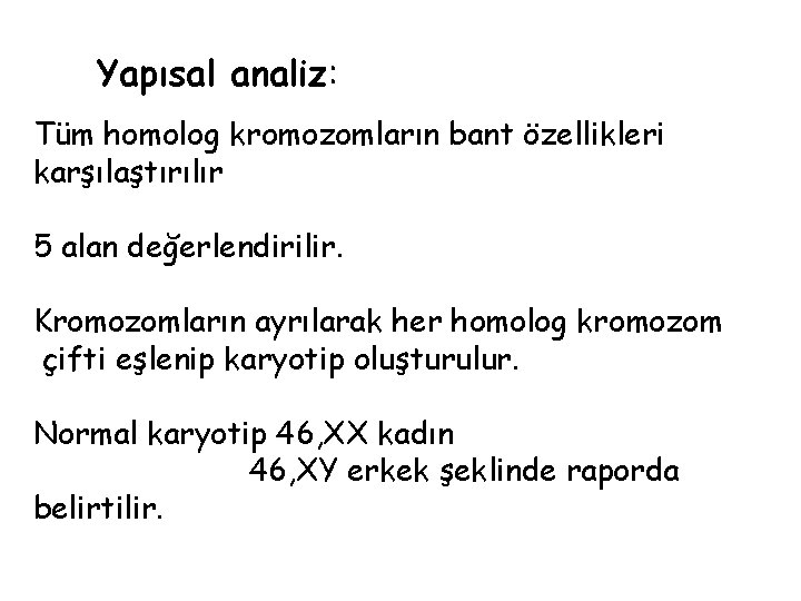 Yapısal analiz: Tüm homolog kromozomların bant özellikleri karşılaştırılır 5 alan değerlendirilir. Kromozomların ayrılarak her Yapısal analiz: Tüm homolog kromozomların bant özellikleri karşılaştırılır 5 alan değerlendirilir. Kromozomların ayrılarak her