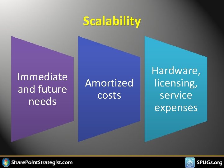Scalability Immediate and future needs Amortized costs Hardware, licensing, service expenses 