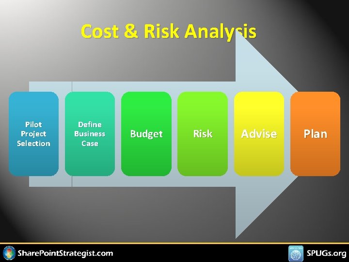 Cost & Risk Analysis Pilot Project Selection Define Business Case Budget Risk Advise Plan