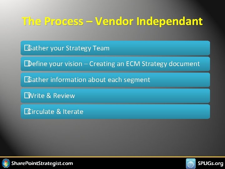 The Process – Vendor Independant �Gather your Strategy Team �Define your vision – Creating