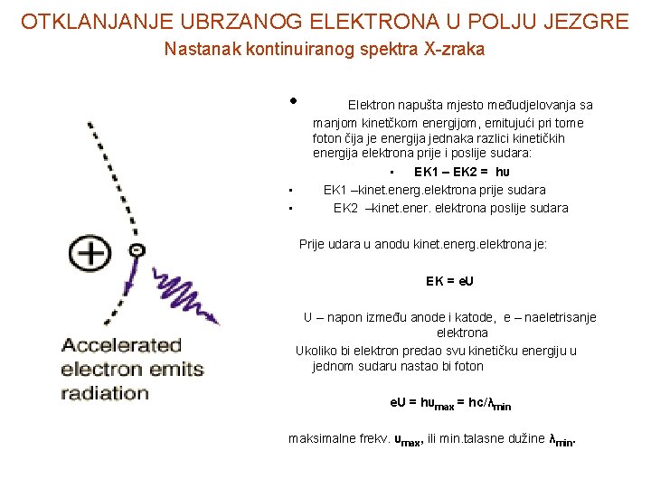 OTKLANJANJE UBRZANOG ELEKTRONA U POLJU JEZGRE Nastanak kontinuiranog spektra X-zraka • Elektron napušta mjesto