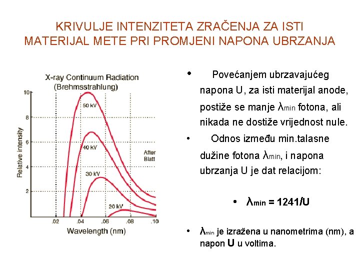 KRIVULJE INTENZITETA ZRAČENJA ZA ISTI MATERIJAL METE PRI PROMJENI NAPONA UBRZANJA • Povećanjem ubrzavajućeg