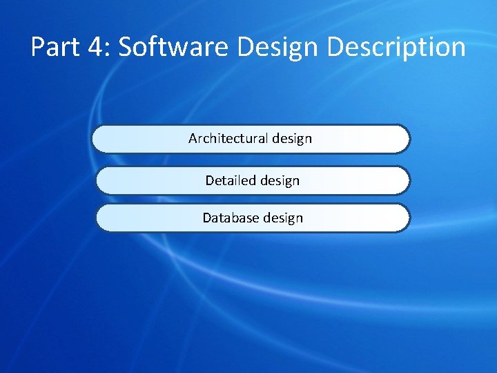 Part 4: Software Design Description Architectural design Detailed design Database design 