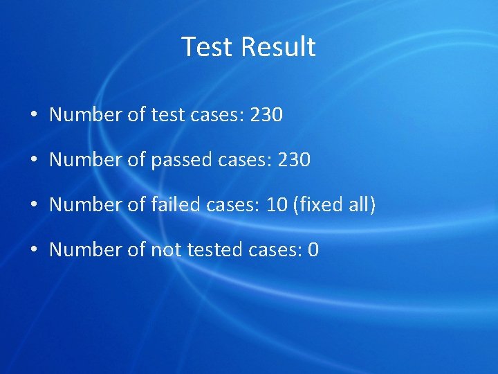 Test Result • Number of test cases: 230 • Number of passed cases: 230