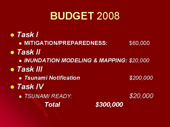 BUDGET 2008 l Task I l l INUNDATION MODELING & MAPPING: $20, 000 Task