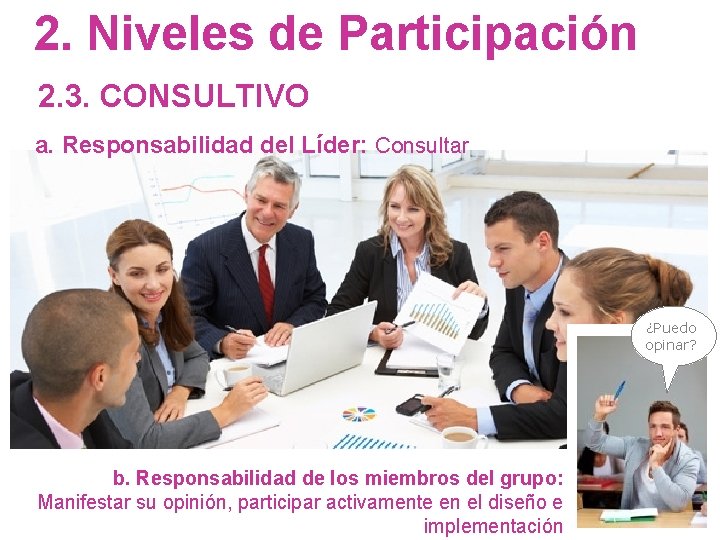 2. Niveles de Participación 2. 3. CONSULTIVO a. Responsabilidad del Líder: Consultar ¿Puedo opinar?