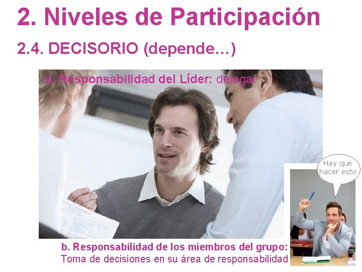 2. Niveles de Participación 2. 4. DECISORIO (depende…) a. Responsabilidad del Líder: delegar Hay