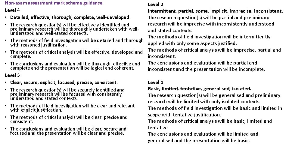 Non-exam assessment mark scheme guidance Level 4 • Detailed, effective, thorough, complete, well-developed. • Non-exam assessment mark scheme guidance Level 4 • Detailed, effective, thorough, complete, well-developed. •