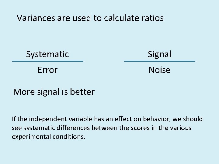 Variances are used to calculate ratios Systematic Signal Error Noise More signal is better