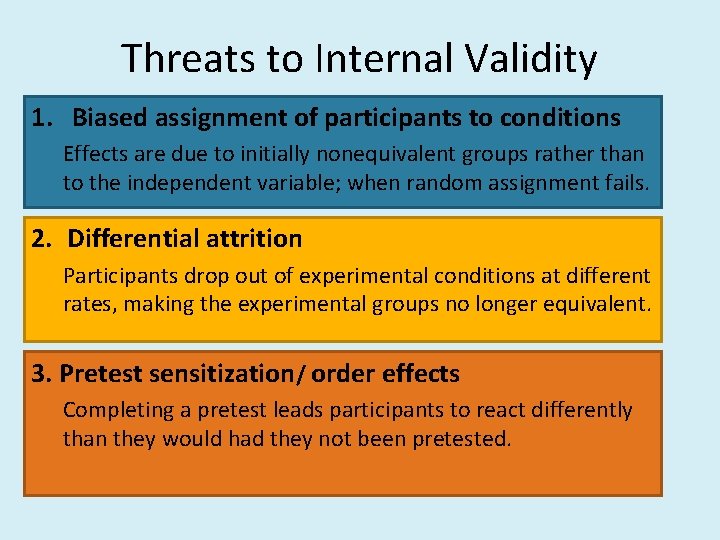 Threats to Internal Validity 1. Biased assignment of participants to conditions Effects are due
