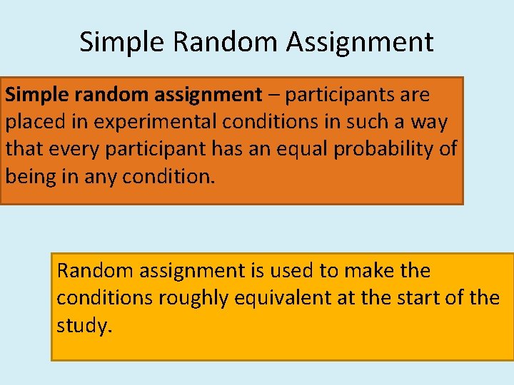 Simple Random Assignment Simple random assignment – participants are placed in experimental conditions in
