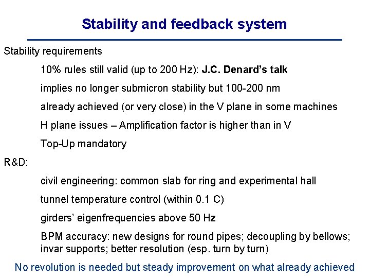 Stability and feedback system Stability requirements 10% rules still valid (up to 200 Hz):