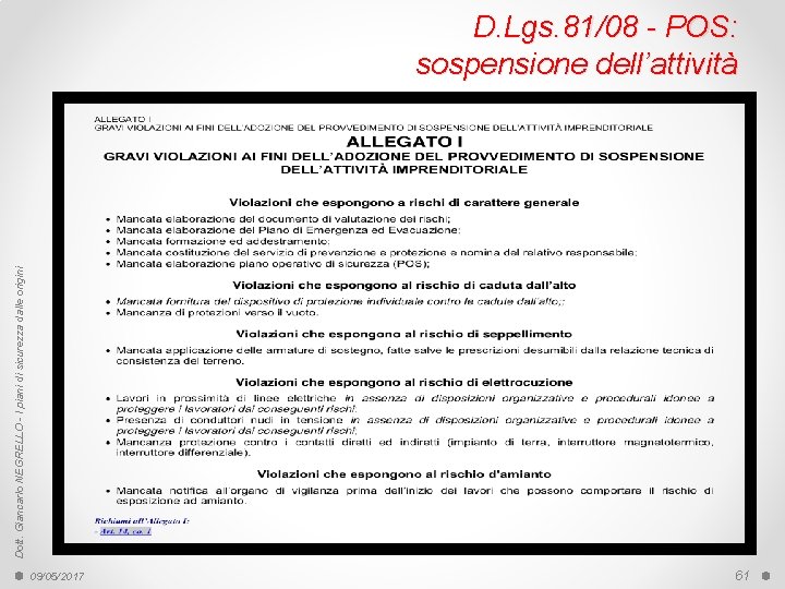 Dott. Giancarlo NEGRELLO - I piani di sicurezza dalle origini D. Lgs. 81/08 -