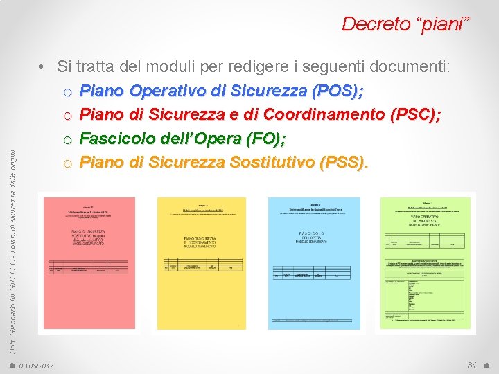 Dott. Giancarlo NEGRELLO - I piani di sicurezza dalle origini Decreto “piani” • Si