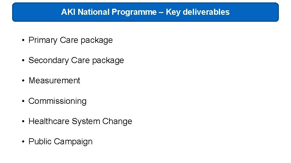AKI National Programme – Key deliverables • Primary Care package • Secondary Care package