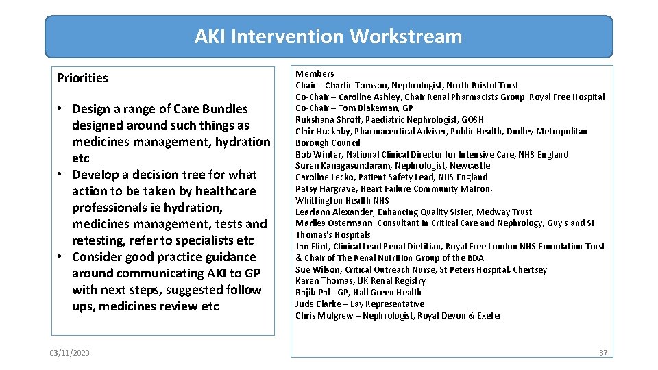 AKI Intervention Workstream Priorities • Design a range of Care Bundles designed around such