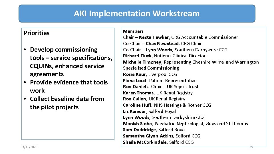 AKI Implementation Workstream Priorities • Develop commissioning tools – service specifications, CQUINs, enhanced service