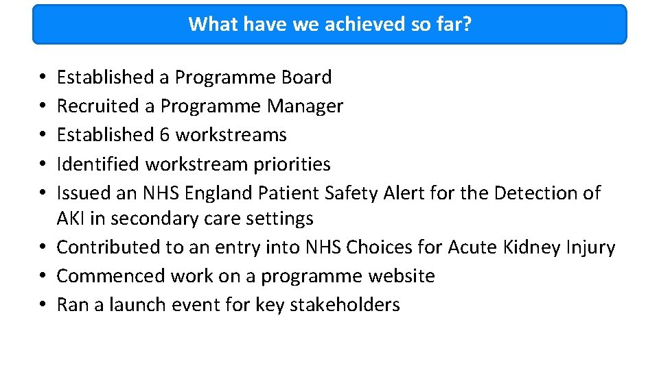 What have we achieved so far? Established a Programme Board Recruited a Programme Manager