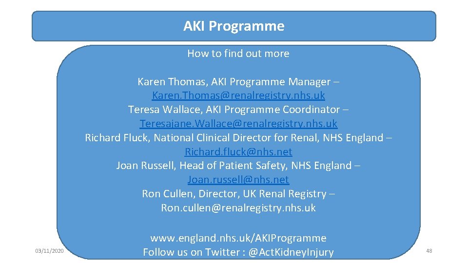 AKI Programme How to find out more Karen Thomas, AKI Programme Manager – Karen.