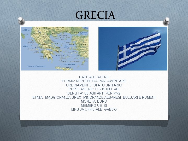 GRECIA CAPITALE: ATENE FORMA: REPUBBLICA PARLAMENTARE ORDINAMENTO: STATO UNITARIO POPOLAZIONE: 11. 215. 000 AB.