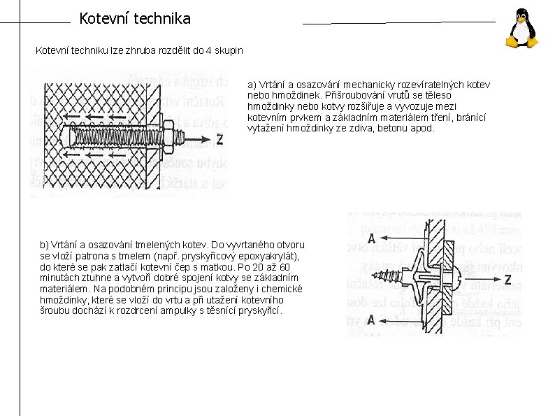 Kotevní technika Kotevní techniku lze zhruba rozdělit do 4 skupin a) Vrtání a osazování