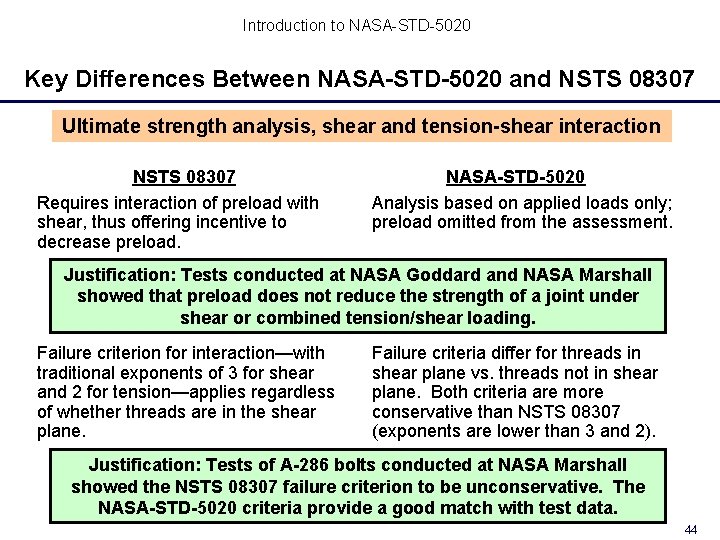 Introduction to NASA-STD-5020 Key Differences Between NASA-STD-5020 and NSTS 08307 Ultimate strength analysis, shear Introduction to NASA-STD-5020 Key Differences Between NASA-STD-5020 and NSTS 08307 Ultimate strength analysis, shear