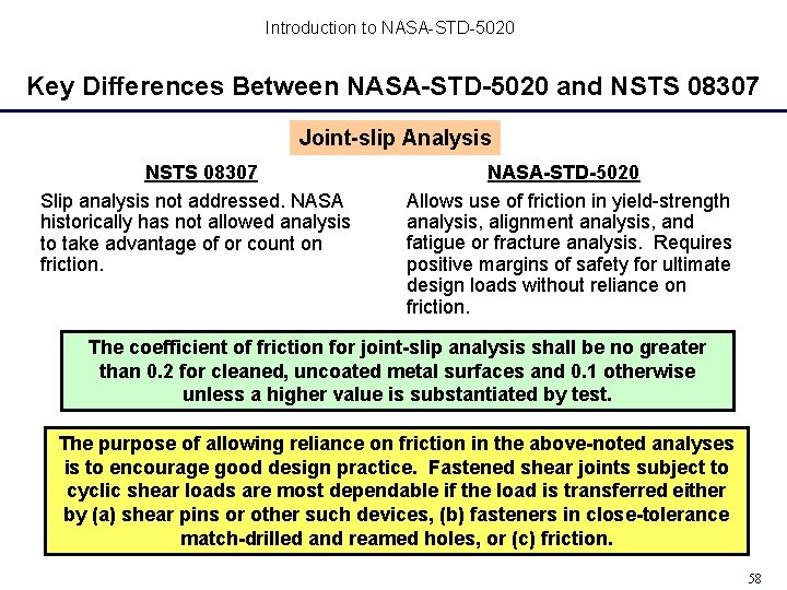 Introduction to NASA-STD-5020 Key Differences Between NASA-STD-5020 and NSTS 08307 Joint-slip Analysis NSTS 08307 Introduction to NASA-STD-5020 Key Differences Between NASA-STD-5020 and NSTS 08307 Joint-slip Analysis NSTS 08307