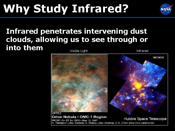 Why Study Infrared? Infrared penetrates intervening dust clouds, allowing us to see through or