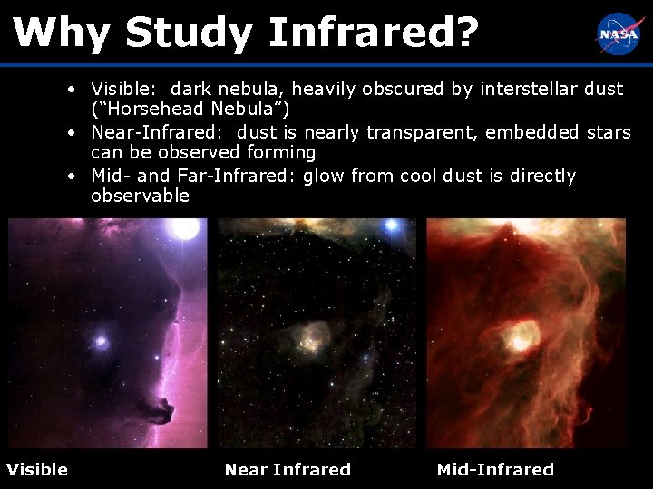 Why Study Infrared? • Visible: dark nebula, heavily obscured by interstellar dust (“Horsehead Nebula”)