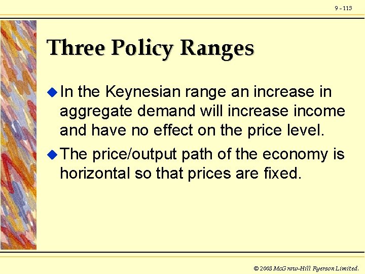 9 - 113 Three Policy Ranges u In the Keynesian range an increase in