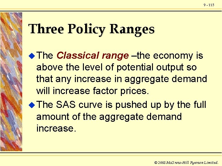9 - 115 Three Policy Ranges u The Classical range –the economy is above