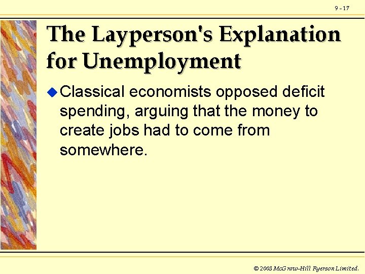 9 - 17 The Layperson's Explanation for Unemployment u Classical economists opposed deficit spending,